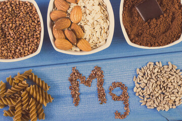 Inscription Mg and natural ingredients containing magnesium, vitamins and minerals. Healthy nutrition