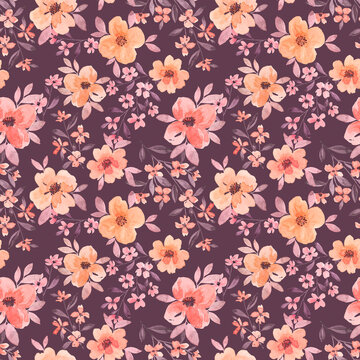 Abstract watercolor peach flowers on a muted purple background. Seamless pattern of quince spring blooms