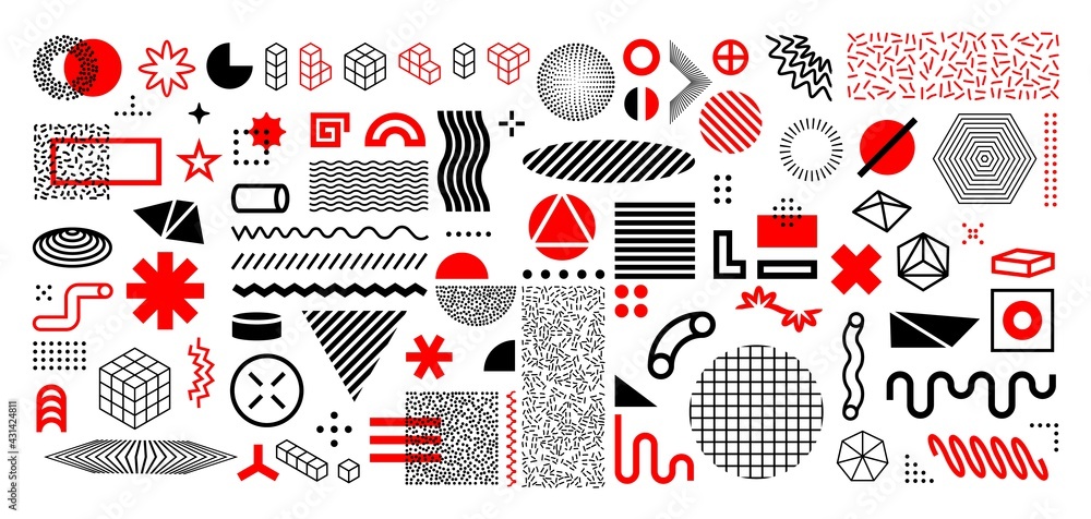 Wall mural Memphis abstract shapes. Geometric graphic design elements. Contemporary line and circles figures with dots. Decorative background template with vector minimal silhouettes and forms