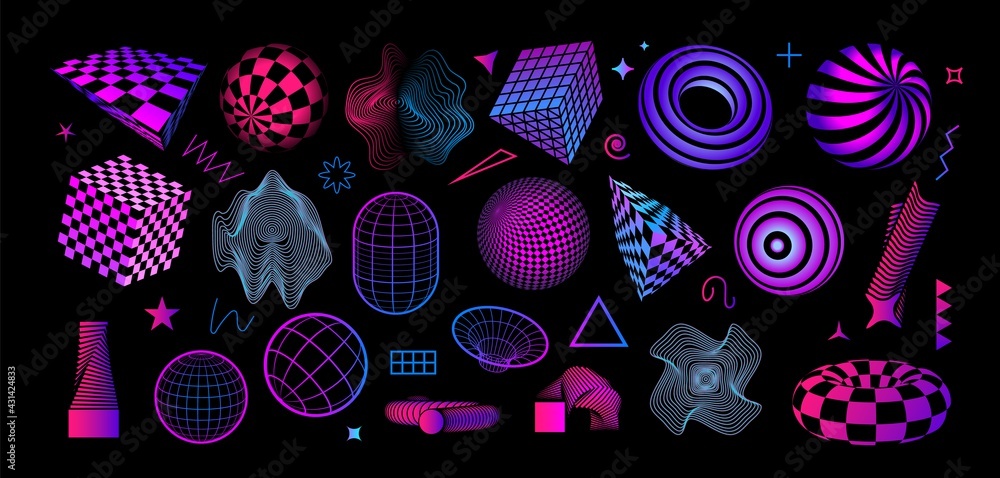 Poster Retro futuristic shapes. Abstract geometric figures. Bright cubes and spheres with grid texture. Concentric circles and minimal contour forms. Vector decorative dynamic elements set