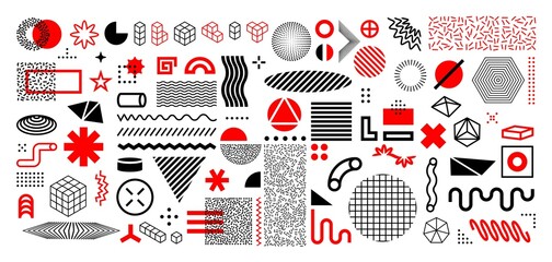 Memphis abstract shapes. Geometric graphic design elements. Contemporary line and circles figures with dots. Decorative background template with vector minimal silhouettes and forms