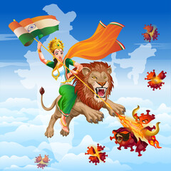 Mother India on Lion with tricolor saree destroyed virus with her power