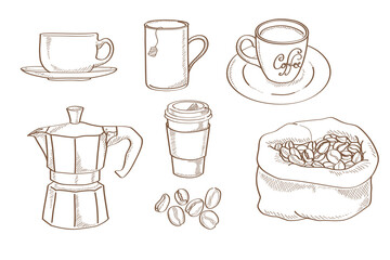 coffee accessories sketch drawing vector - Free hand drawing