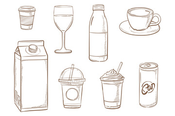 glass bottle beverages doodle set - Free hand drawing vector
