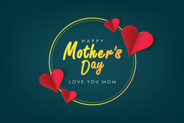 Happy Mother's Day Celebration Card with Papercraft Heart on Dark Green Background Vector Illustration