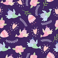 Seamless vector pattern with birds, hearts, flowers