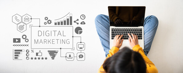 Digital Marketing icon with woman using computer laptop sitting on the floor