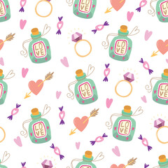Seamless vector pattern with bottles, rings, hearts, candies.