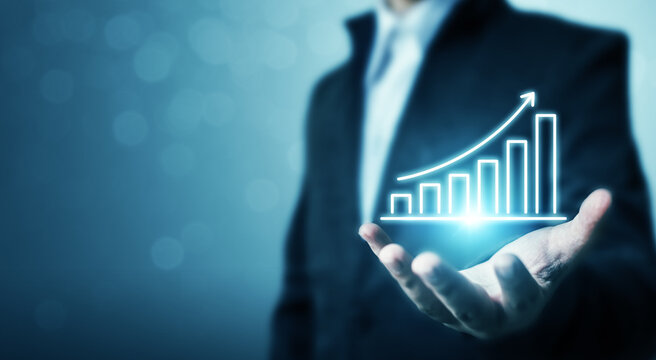 Business development to success and growing growth concept. Businessman holding graph and arrow increase