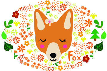 doodles cute animals collection red fox with flowers cute sticker