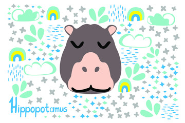 doodles cute animals collection hippopotamus rainbow and drops cute sticker