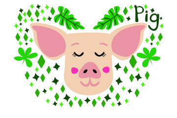 doodles cute animals collection pig with green leaves cute sticker