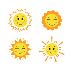 Set of cute hand drawn sun. Yellow funny suns with different emotions isolated on white background. Vector childish illustration in flat cartoon style.