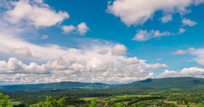 4K Time Lapse  blue sky white cloud bright, clear cloudy scenery green mountain nature on sunny day. Beautiful landscape timelapse vibrant nature sunlight. Timelapse motion fluffy white cloud blue sky