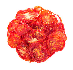 dried tomatoes on wooden background, top view