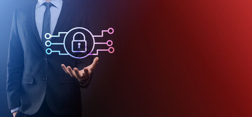 Cyber security network. Padlock icon and internet technology networking. Businessman protecting data personal information on tablet and virtual interface. Data protection privacy concept. GDPR. EU