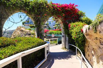a shot of 3 stone arches with lush green plants and red flowers down a staircase with a white hand rail with gray homes along the mountain and blue sky at Dana Point Bluff Top Trail in Dana Point CA - obrazy, fototapety, plakaty