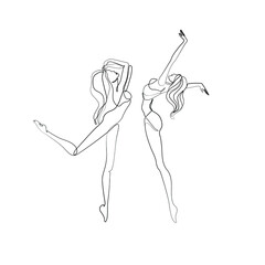Dancing girl beautiful female abstract silhouette continuous line drawing, tattoo, print for clothes and logo design, silhouette one single line on a white background, isolated vector illustration. 