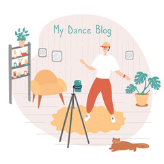 Dance star is recording video for his blog. Dance Challenge concept. Young man learning moves with online classes and tutorials. Male influencer writes video blog for subscribers. Vector illustration
