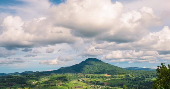4K Time Lapse  blue sky white cloud bright, clear cloudy scenery green mountain nature on sunny day. Beautiful landscape timelapse vibrant nature sunlight. Timelapse motion fluffy white cloud blue sky