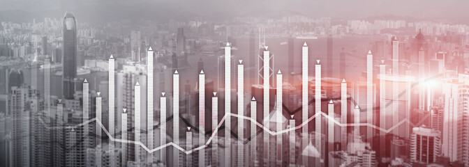 Financial growth chart graph diagram analysis big data trading investment concept. city view skyline website header banner double exposure