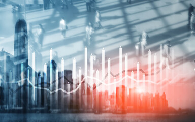 Histogram and lines economic chart instrument on modern metropolis