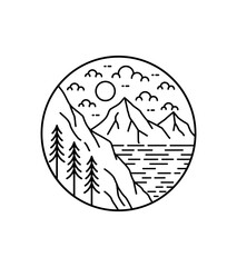 views of the mountains and the sea on the day in mono line art, patch badge design, emblem design, T-Shirt Design