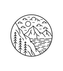 views of the mountains and the sea on the day in mono line art, patch badge design, emblem design, T-Shirt Design