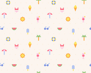 A beach background pattern made up of small and simple summer icons. Simple pattern design template.