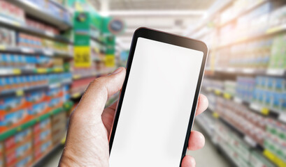 Human hand holding mobile phone and using mobile app order online from supermarket, Concept shopping online for recive discount