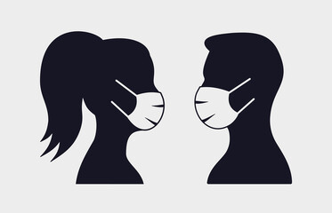 Man and woman profile icon in mask. Vector illustration isolated.