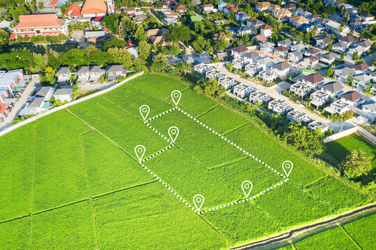 Land plot in aerial view. Gps registration survey of property, real estate for map with location, area. Concept for residential construction, development. Also home or house for sale, buy, investment.