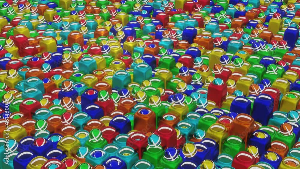 Aufkleber modern looped animated background. multicolored spheres and cubes with holes move slowly. 3d rader