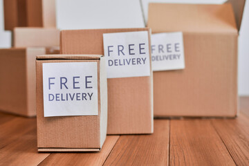 Cardboard boxes of different sizes and with free delivery labels