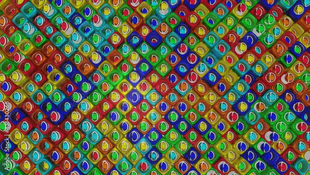 Aufkleber modern looped animated background. multicolored spheres and cubes with holes move slowly. 3d rader