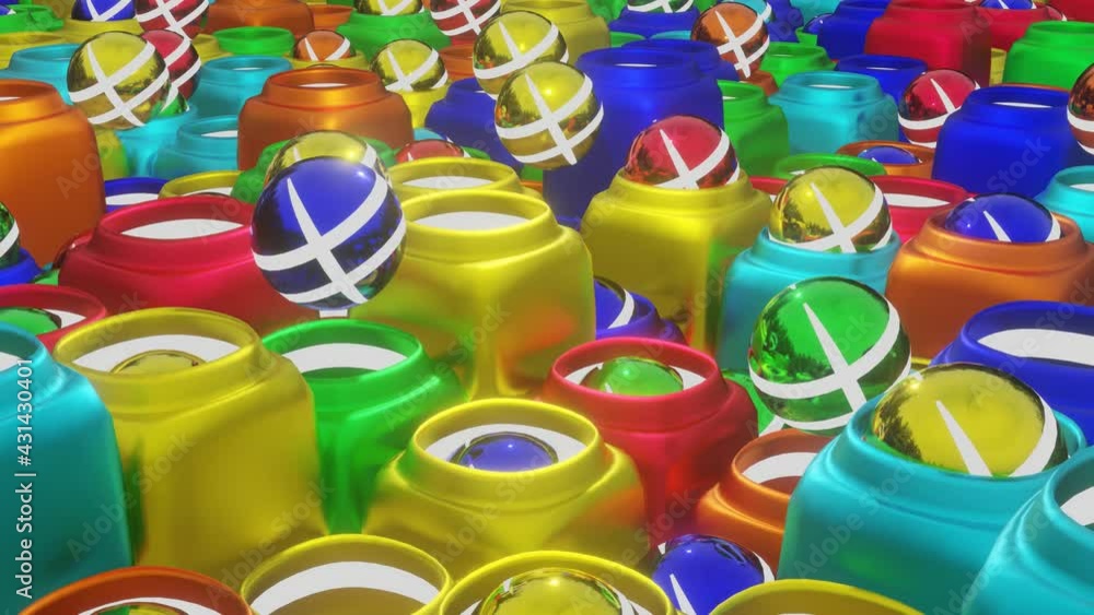 Poster modern looped animated background. multicolored spheres and cubes with holes move slowly. 3d rader