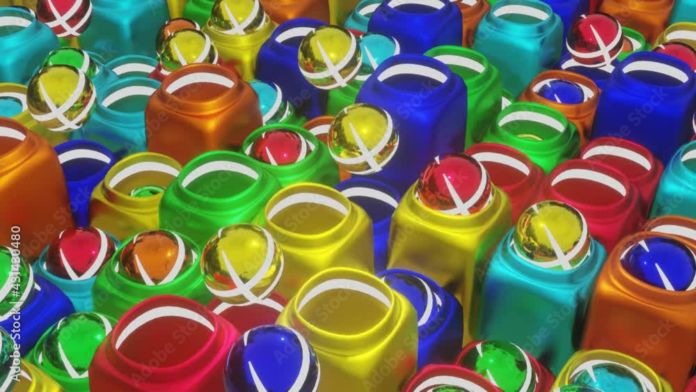 Aufkleber modern looped animated background. multicolored spheres and cubes with holes move slowly. 3d rader