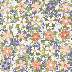 Five-petal flowers on a pixel camouflage background. Suitable for wallpaper and clothing. Editable. Seamless pattern.