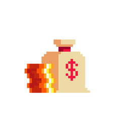 Fototapeta premium Bag of money and gold coins. Pixel art icon. Business and finance services, credit money, vector flat icon. Banking vector illustration. Design for logo, sticker, app. 