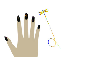 Fashion fingernails isolated on white background and textures. Dragonfly figure paint pattern.