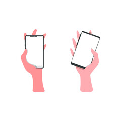 Two hands hold phones with a blank, clean white screen. Vector illustration, flat cartoon minimal design, isolated on white background, eps 10. Concept: comparison, choice, two gadgets.