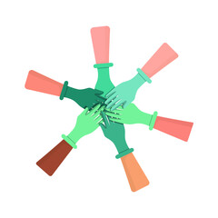 Put your hands in rubber gloves on top of each other. Collaboration gesture, teamwork. Concept: medical consultation, surgeons together, medical workers. Vector illustration, flat cartoon design.