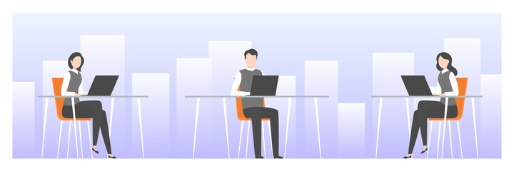 Employees working in open space office. Vector illustration.