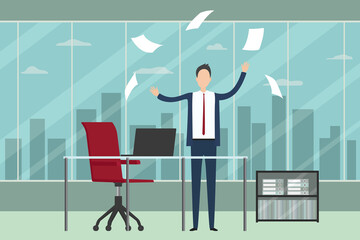 Employee scattering sheets of paper. Vector illustration.
