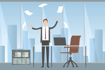 Man scattering documents in office. Vector illustration.
