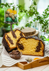 Panettone is an Italian type of sweet bread. Freshly baked sweet braided bread. Eastern European freshly baked dessert