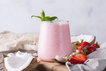 Healthy vegan coconut and strawberry indian lassi