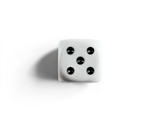 Number 5 on clean dice. Top view. White background.