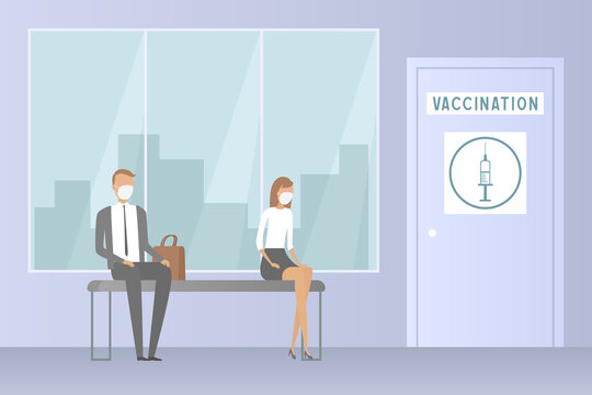 Man and woman waiting in vaccination station. Vector illustration.