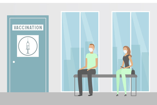People waiting in vaccination centre. Vector illustration.